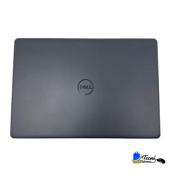 Closed Dell laptop seen from above with a dark gray chassis and circular Dell logo in the center against a white background.