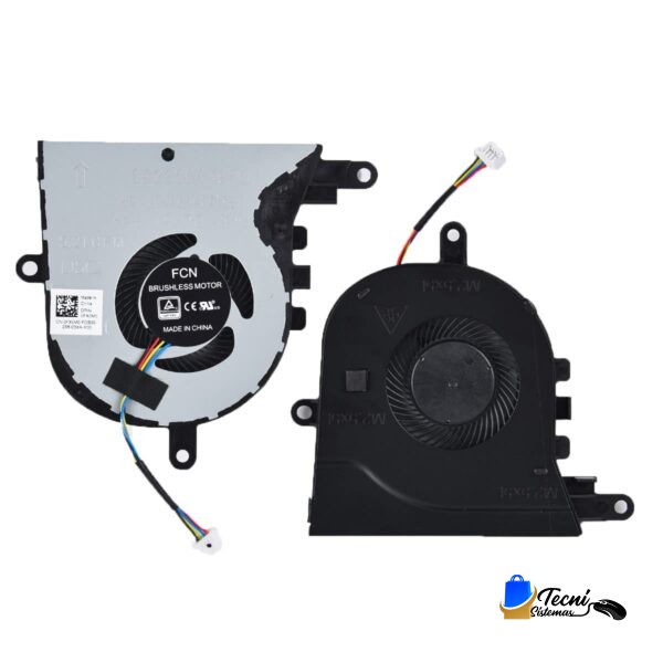 Two laptop cooling fans with wiring harnesses on a white background, showing both the metal-cased and black plastic units. Supporting cables include white connectors.
