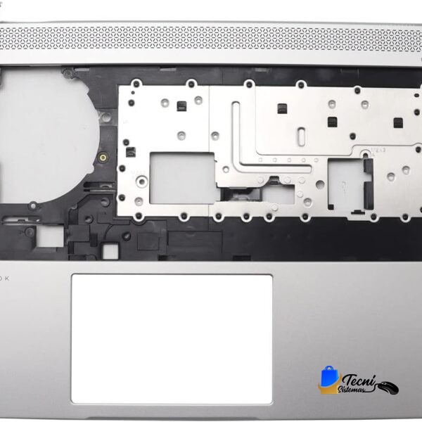 Silver laptop bottom panel with the keyboard removed, revealing the internal metal frame, drive bays, and empty motherboard area; EliteBook branding visible in the corner.