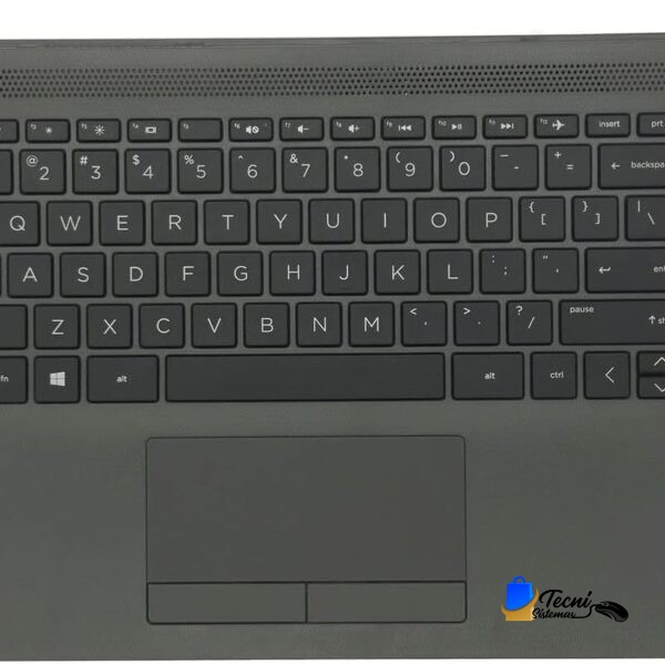 Top-down view of a dark gray laptop keyboard with a touchpad below and a perforated speaker grille at the top edge.