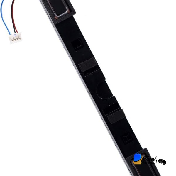 Slim black internal laptop component: a long strip with orange end caps, a small rectangular speaker module, and a 4‑pin connector with blue and red wires.