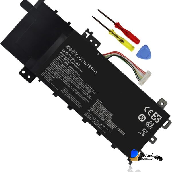 Rechargeable lithium-ion laptop battery pack with wiring harness, plus two mini screwdrivers and a blue pull tab/finger grip tool (replacement kit)
