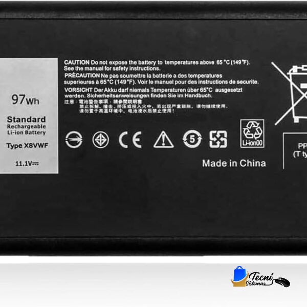 Black rectangular rechargeable Li-ion battery label: 97 Wh, 11.1V, model X8VWF, warning text and icons, Made in China.