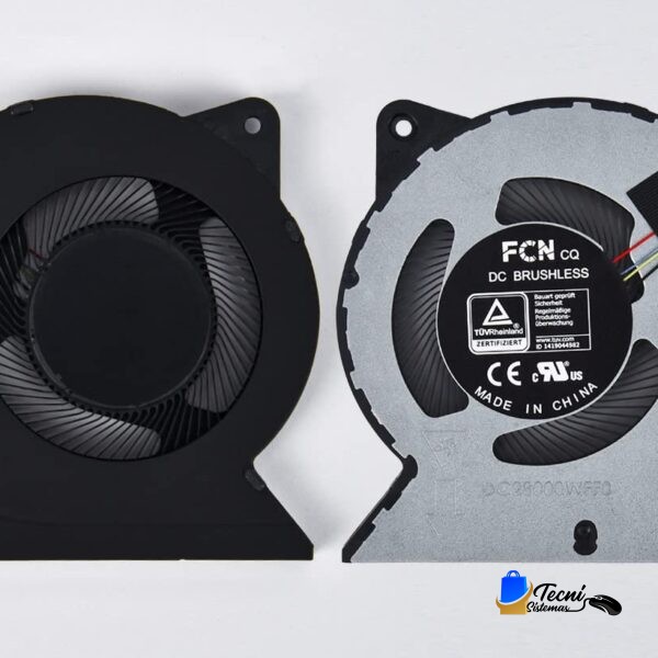 Pair of laptop cooling fans laid side by side, showing both front (black housing) and back (labelled) views with wiring.