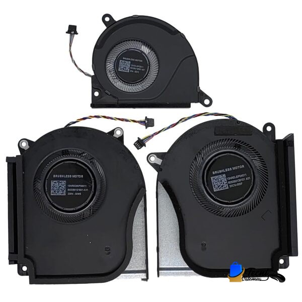 Set of three black laptop cooling fans with wired connectors and metal mounting brackets, used for cooling a laptop.