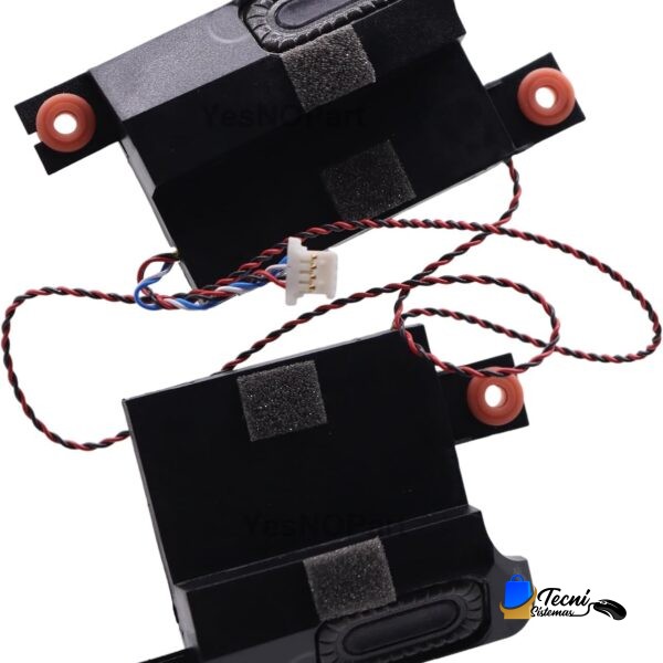 Pair of small black rectangular speakers with red mounting posts, twisted red‑black wires, and a white connector.