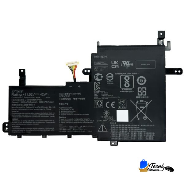 Black laptop battery pack with a white multi-pin connector and wiring harness on the left, covered in regulatory labels and safety icons.