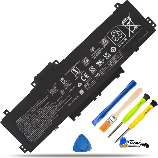 Long laptop battery replacement pack with assorted repair tools (screwdrivers, pry tools, and a blue opening tool) laid beside it