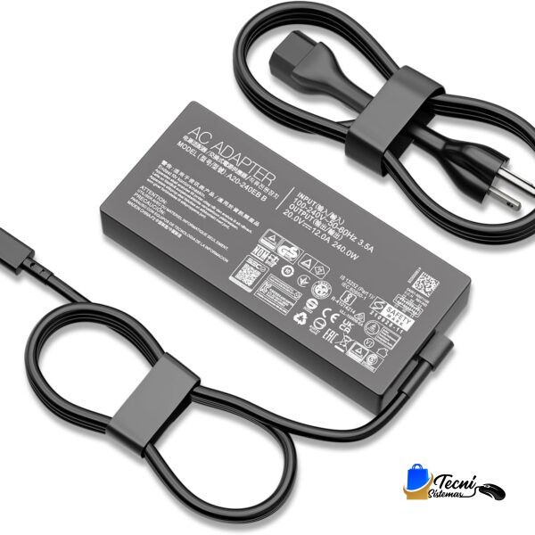 Gray rectangular laptop-style AC adapter with two included power cables and detachable plug, used to power electronic devices