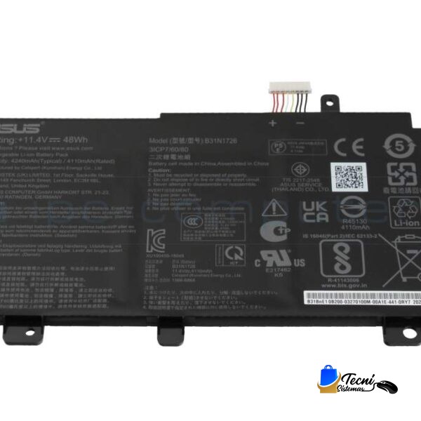 Laptop battery pack with labels and wiring connector, shown against a white background (Asus battery) وقال