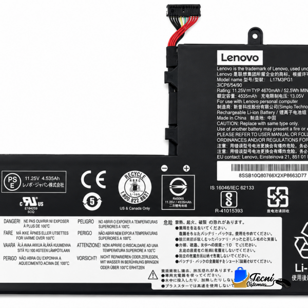 Lenovo laptop battery with warning labels, certification marks, and a red connector cable at the top center-right