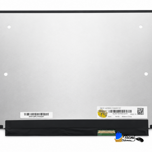 Rear view of a flat-panel display with a brushed metal back, four small mounting holes, and a bottom edge connector with labels.