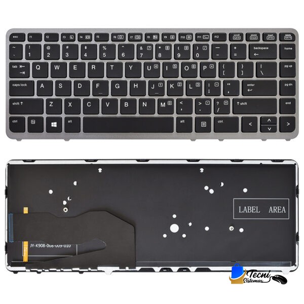 Top and bottom views of a gray laptop keyboard assembly: the top image shows a full-size chiclet keyboard with black keys and a QWERTY layout; the bottom image shows the keyboard's underside with the label area and a flex cable connector.