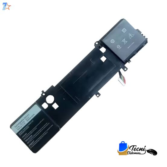 Black rectangular laptop battery pack with a small connector cable at one end and a label on the opposite side.