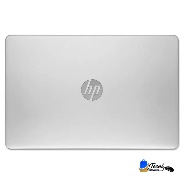 Closed silver HP laptop with logo centered on the lid, viewed from above.