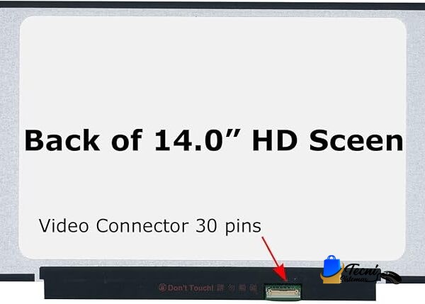 Back of a 14-inch HD screen with a red arrow pointing to a 30-pin video connector on the rear panel.