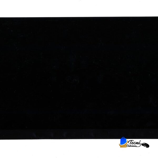 Black laptop display panel with metal mounting brackets at the corners.