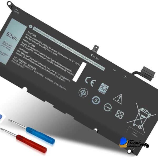 Angled view of a black battery pack with warning labels and safety icons, with red and blue screwdrivers in the foreground.