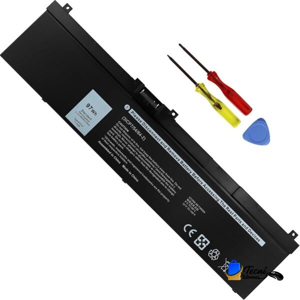 Replacement laptop battery with a small tool kit (two screwdrivers and a pry tool) laid beside it