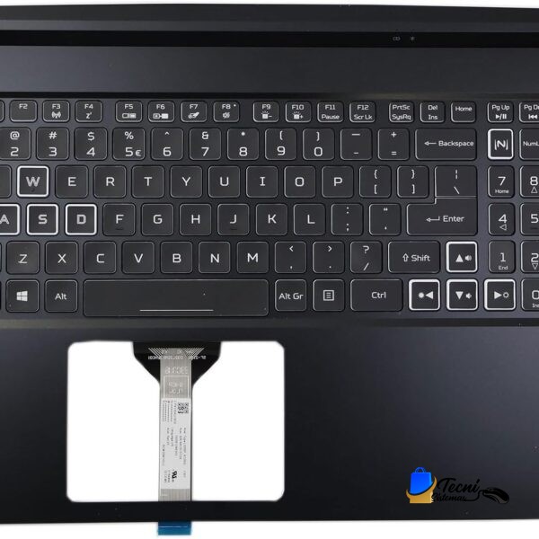 Top-down view of a black laptop keyboard with a touchpad and exposed ribbon cable underneath the palm rest area.