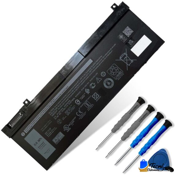 Close-up of a black laptop battery with safety labels, accompanied by a set of precision screwdrivers on a white background (tool kit).