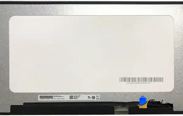Rear view of a flat-panel LCD screen housing with a white display area, barcode on the lower right, and a metallic frame.