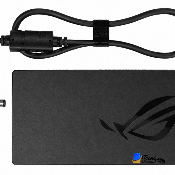Black rectangular laptop power adapter with attached cables and a right-angle DC connector, featuring a glossy ROG logo on its surface.